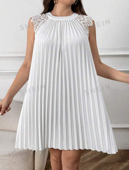 Pleated Shoulder Lace Patch Back Bow Knot Belted Dress