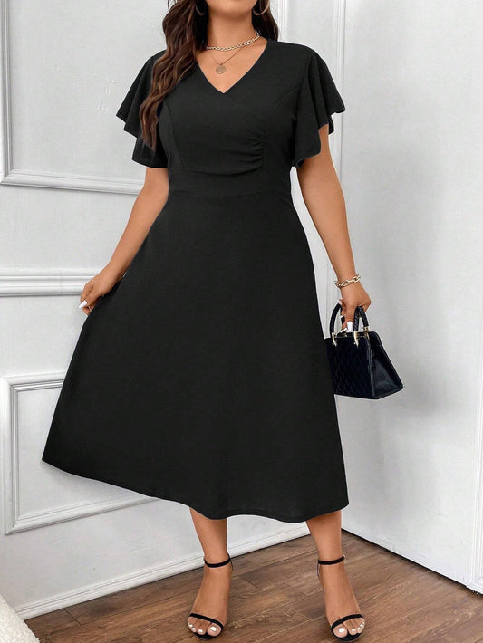 Solid Butterfly Sleeve A-line Dress
