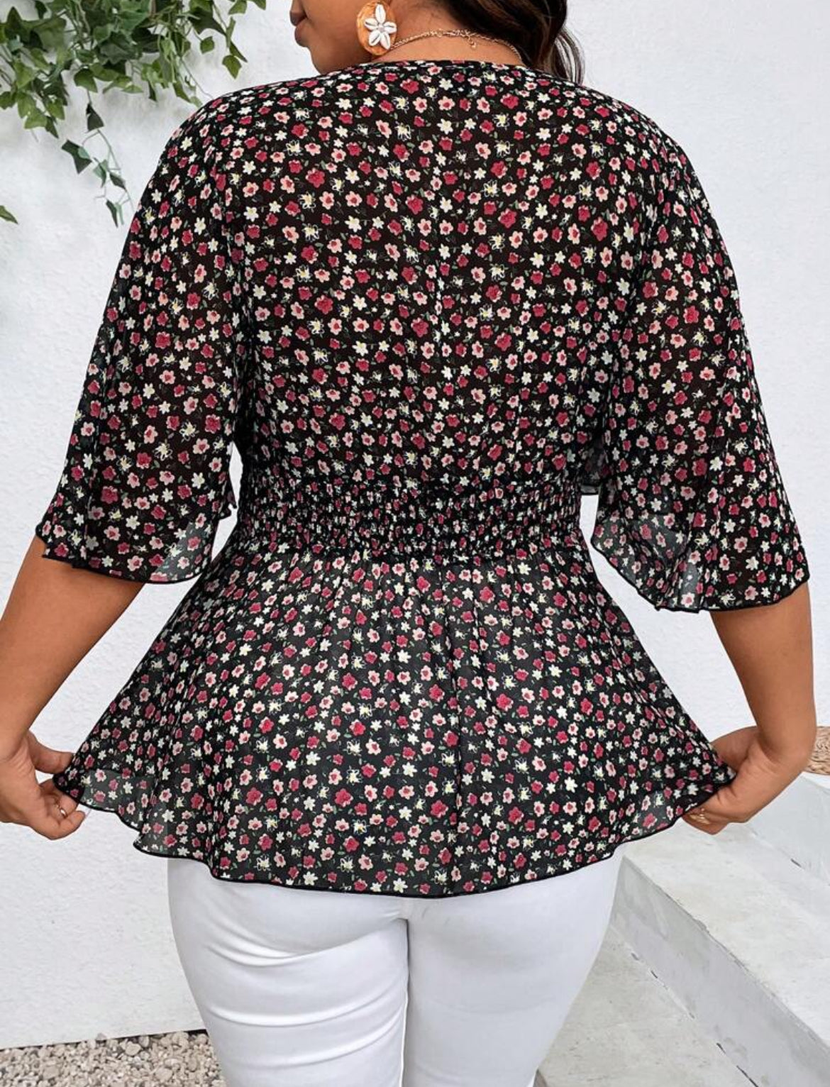 # 4113 Floral Print Shirred Shirt With Cinching Waist Peplum Top