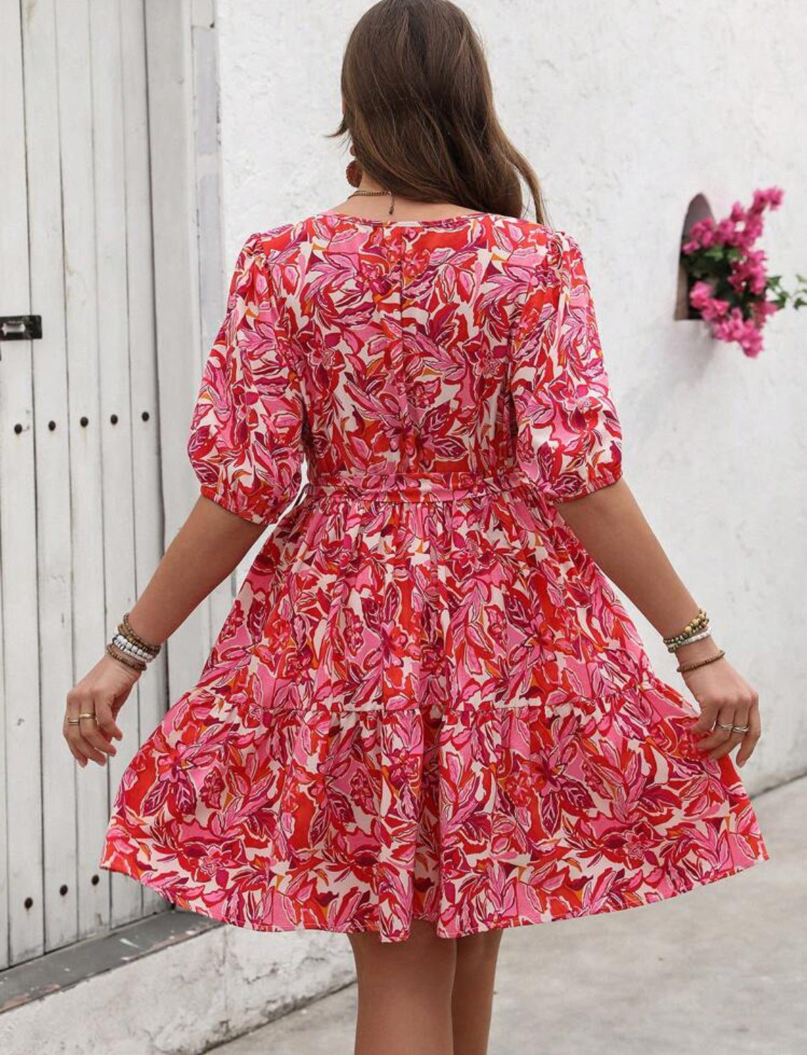 #6906 Casual Floral Allover Print Lantern Sleeve V-Neck Dress