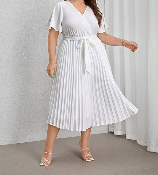 Elegant White Pleated Strap Dress