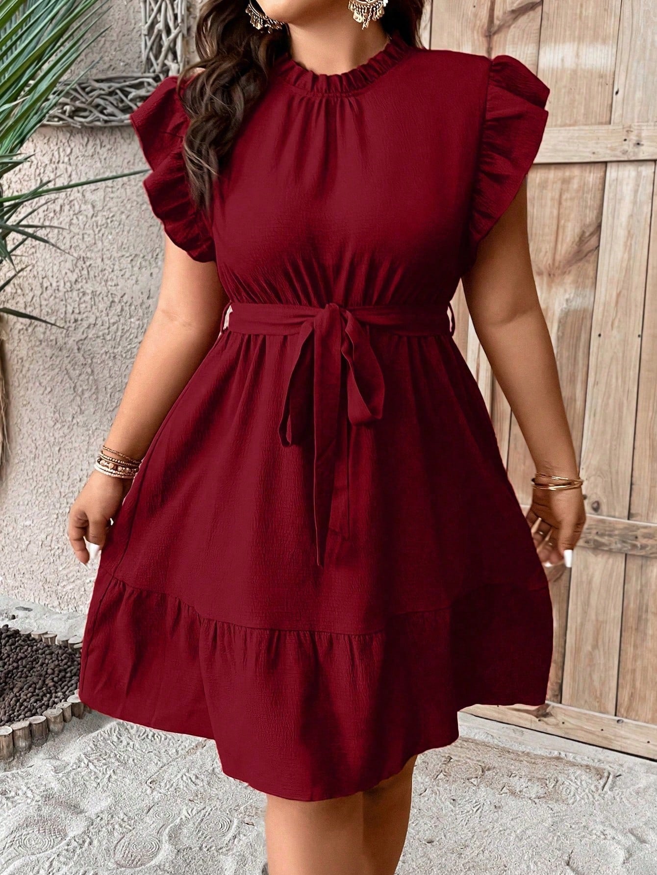 #8497 Ruffle Trim Ruffle Hem Belted Dress