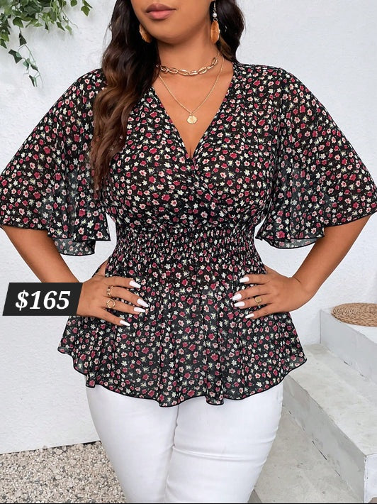 # 4113 Floral Print Shirred Shirt With Cinching Waist Peplum Top