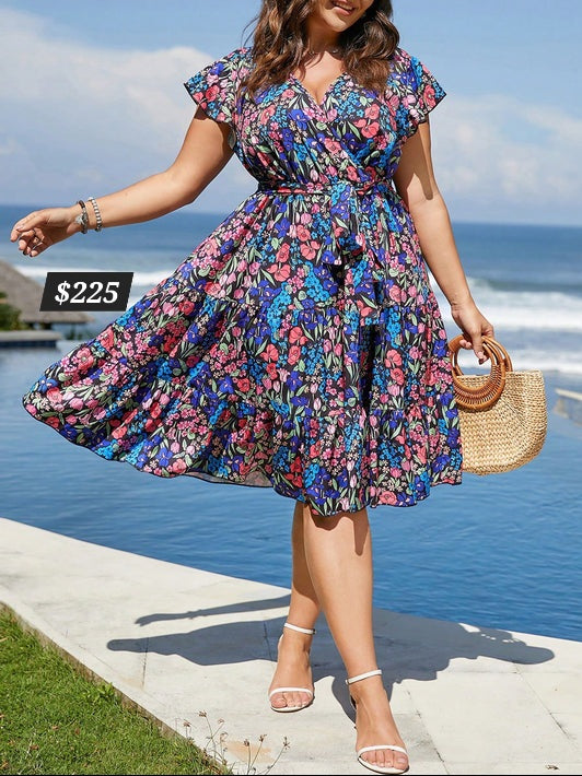 #4247 Allover Floral Print Butterfly Sleeve Ruffle Hem Belted Dress