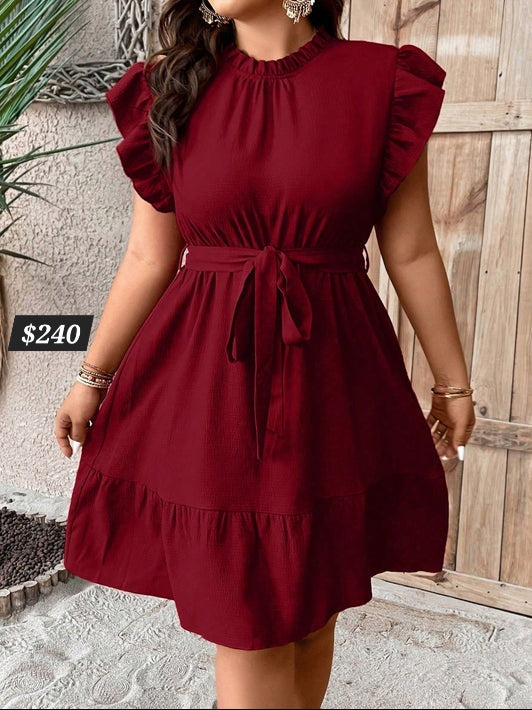 #8497 Ruffle Trim Ruffle Hem Belted Dress