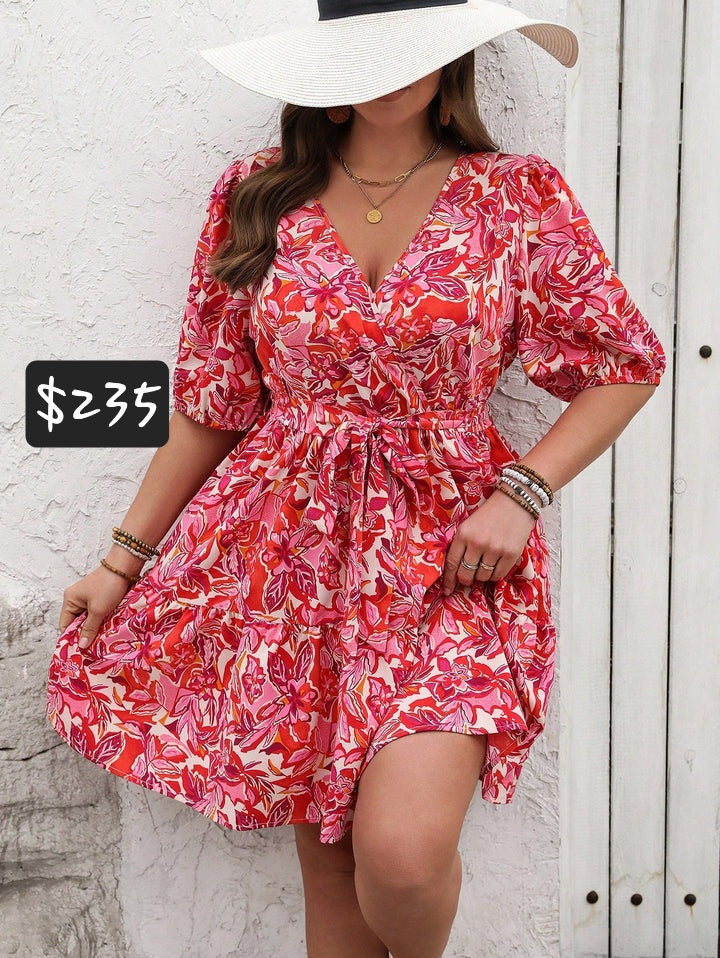 #6906 Casual Floral Allover Print Lantern Sleeve V-Neck Dress