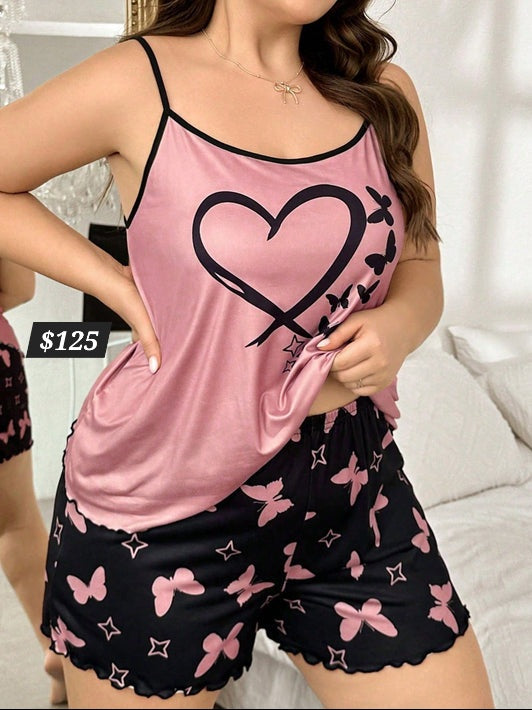 #3339 Butterfly & Heart Printed Camisole & Shorts Sleepwear Set