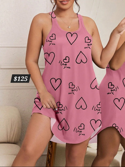 #1032 Simple English Letter Print Round Neck Tank Pajama Dress