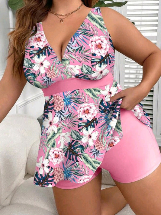 Floral Print Vest Tankini Swimsuit Set