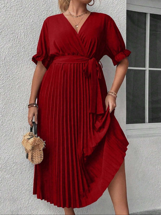 #0807 V-Neck Ruffle Sleeve Waist Tie Pleated Elegant Chic Dress