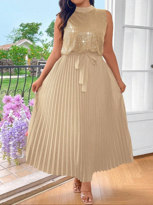 #8772 Contrast Sequin Belted Pleated Dress