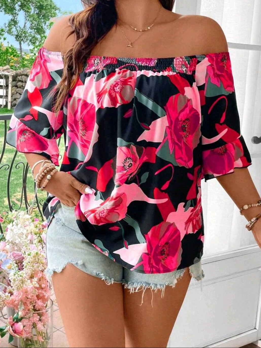 #3066 Fashion Printed Off Shoulder Loose Blouse