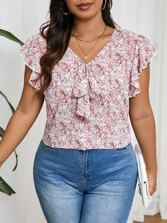 #1572 Ditsy Floral Print Ruffle Trim Blouse