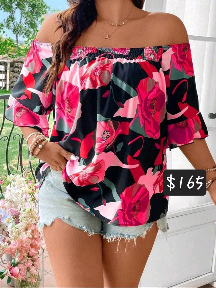 #3066 Fashion Printed Off Shoulder Loose Blouse